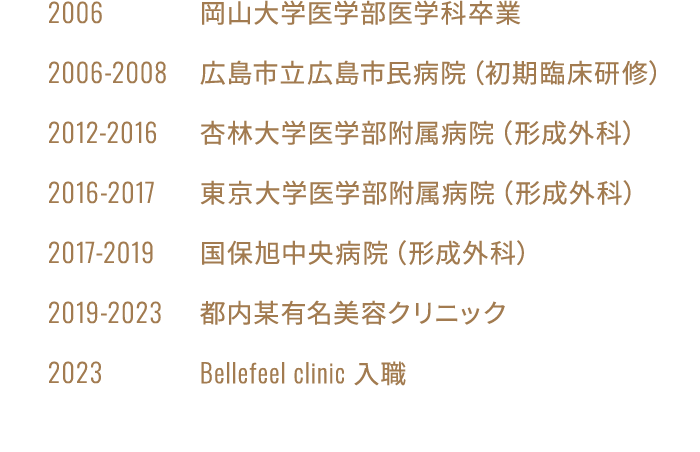 2006 岡山大学医学部医学科卒業 2006-2008 広島市立広島市民病院（初期臨床研修） 2012-2016 杏林大学医学部附属病院（形成外科） 2016-2017 東京大学医学部附属病院（形成外科） 2017-2019 国保旭中央病院（形成外科） 2019-2023 都内某有名美容クリニック 2023 Bellefeel clinic 入職