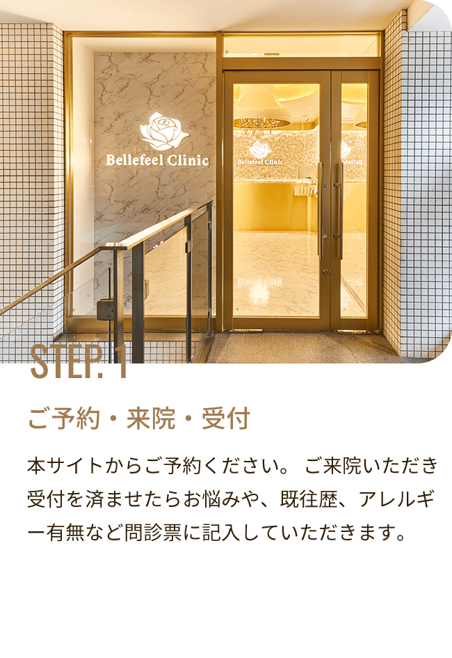 STEP. 1 ご予約・来院・受付／本サイトからご予約ください。 ご来院いただき受付を済ませたらお悩みや、既往歴、アレルギー有無など問診票に記入していただきます。