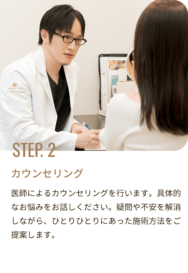 STEP. 2 カウンセリング／医師によるカウンセリングを行います。具体的なお悩みをお話しください。疑問や不安を解消しながら、ひとりひとりにあった施術方法をご提案します。