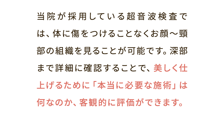 当院が採用している超音波検査では、体に傷をつけることなくお顔〜頸部の組織を見ることが可能です。深部まで詳細に確認することで、美しく仕上げるために「本当に必要な施術」は何なのか、客観的に評価ができます。
