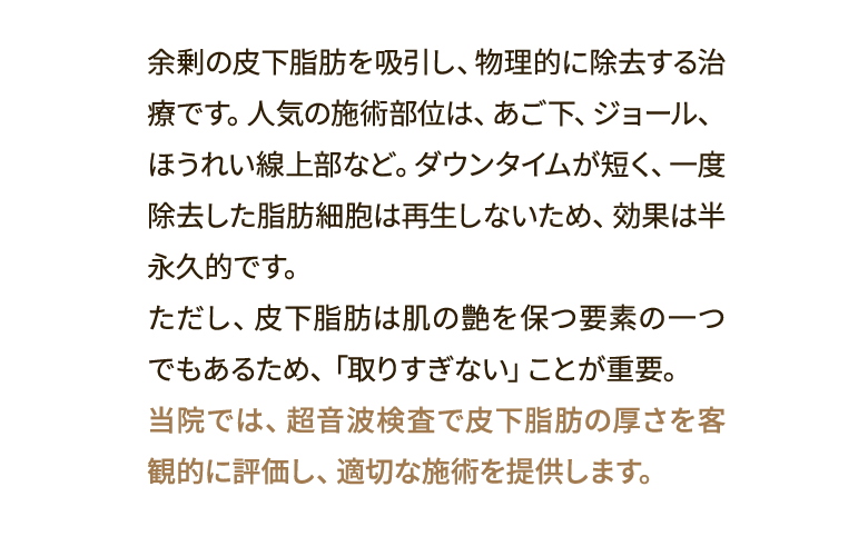 余剰の皮下脂肪を吸引し、物理的に除去する治療です。人気の施術部位は、あご下、ジョール、ほうれい線上部など。ダウンタイムが短く、一度除去した脂肪細胞は再生しないため、効果は半永久的です。ただし、皮下脂肪は肌の艶を保つ要素の一つでもあるため、「取りすぎない」ことが重要。当院では、超音波検査で皮下脂肪の厚さを客観的に評価し、適切な施術を提供します。